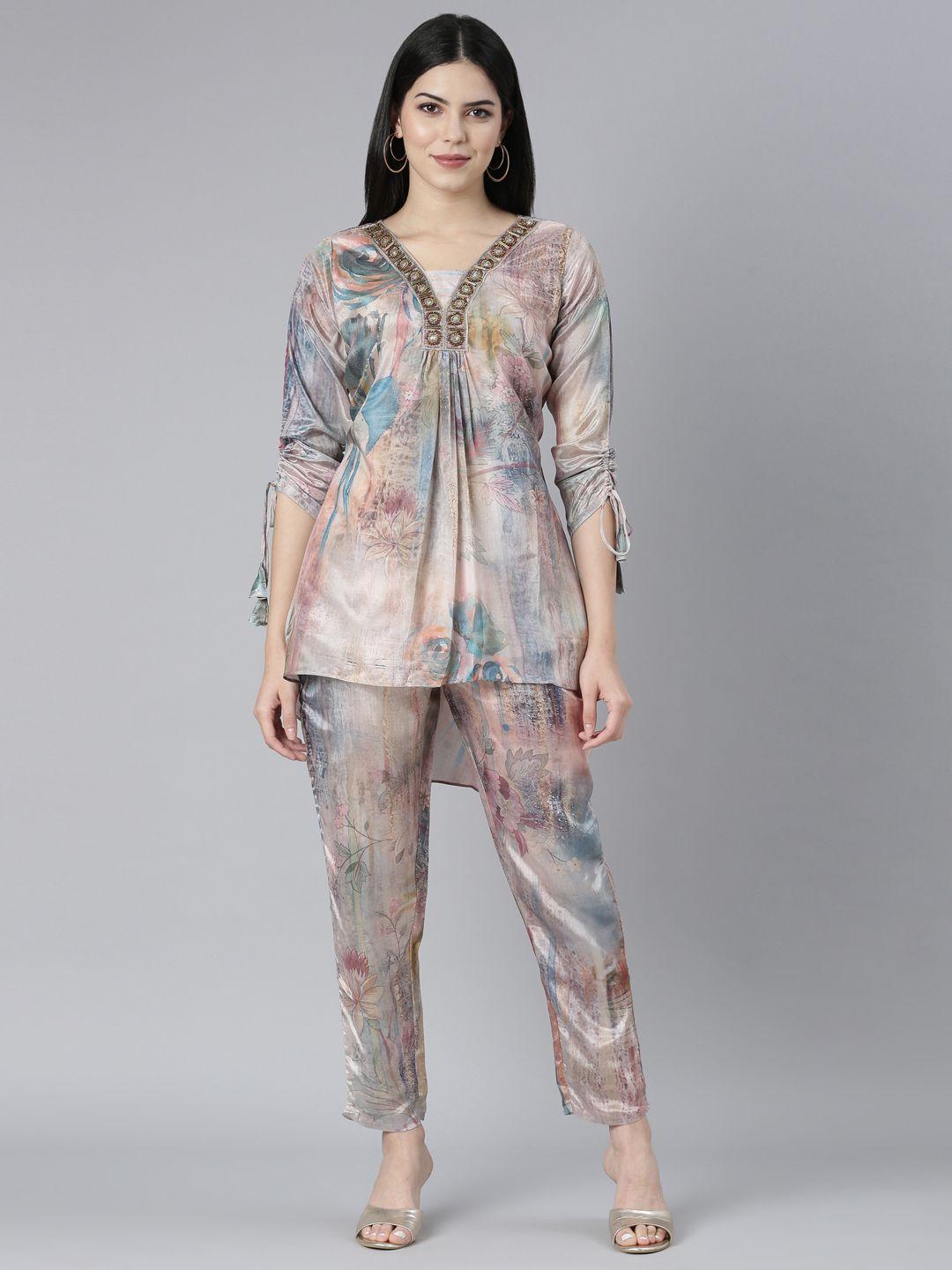 neerus women multicoloured floral printed regular beads and stones silk crepe top with trousers