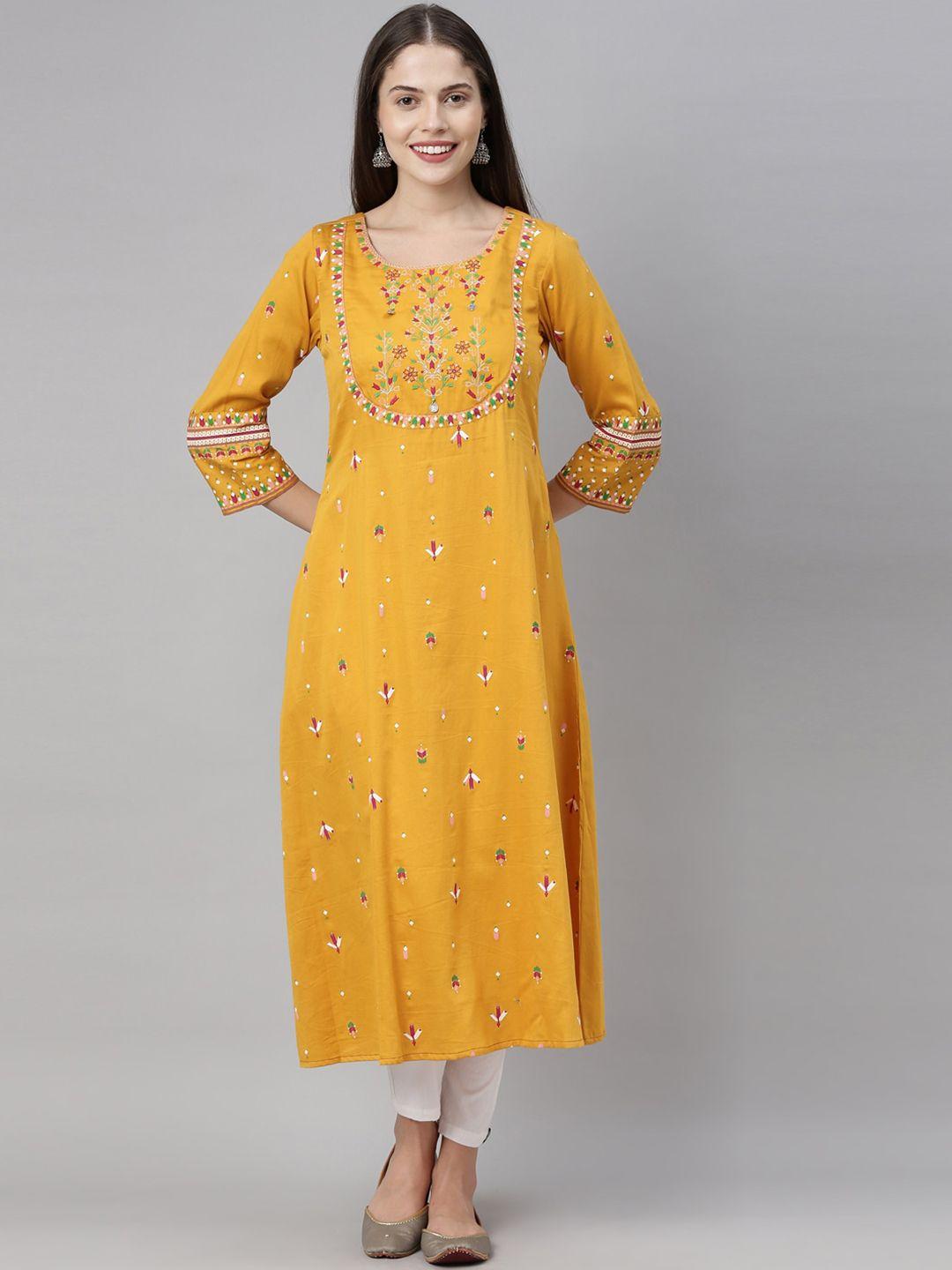 neerus women mustard floral embroidered kurta