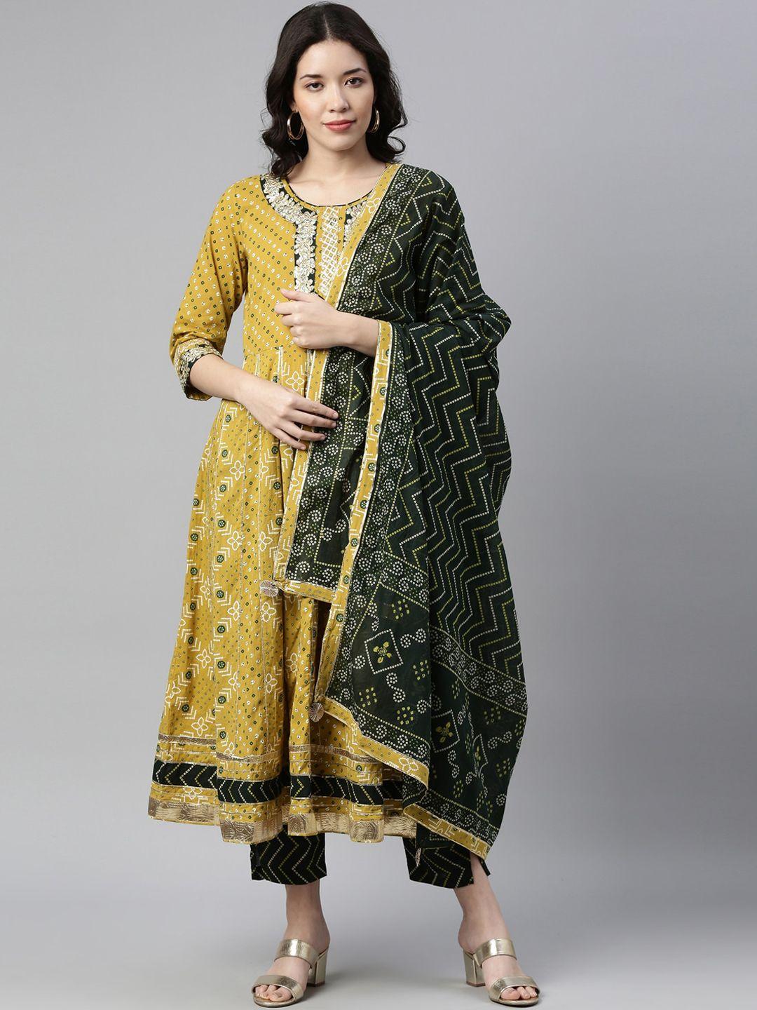 neerus women mustard yellow bandhani printed gotta patti kurta with trousers & dupatta
