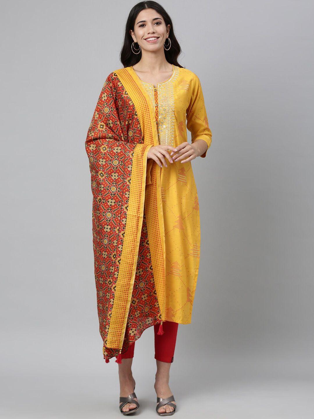 neerus women mustard yellow ethnic motifs embroidered floral kurta with dupatta