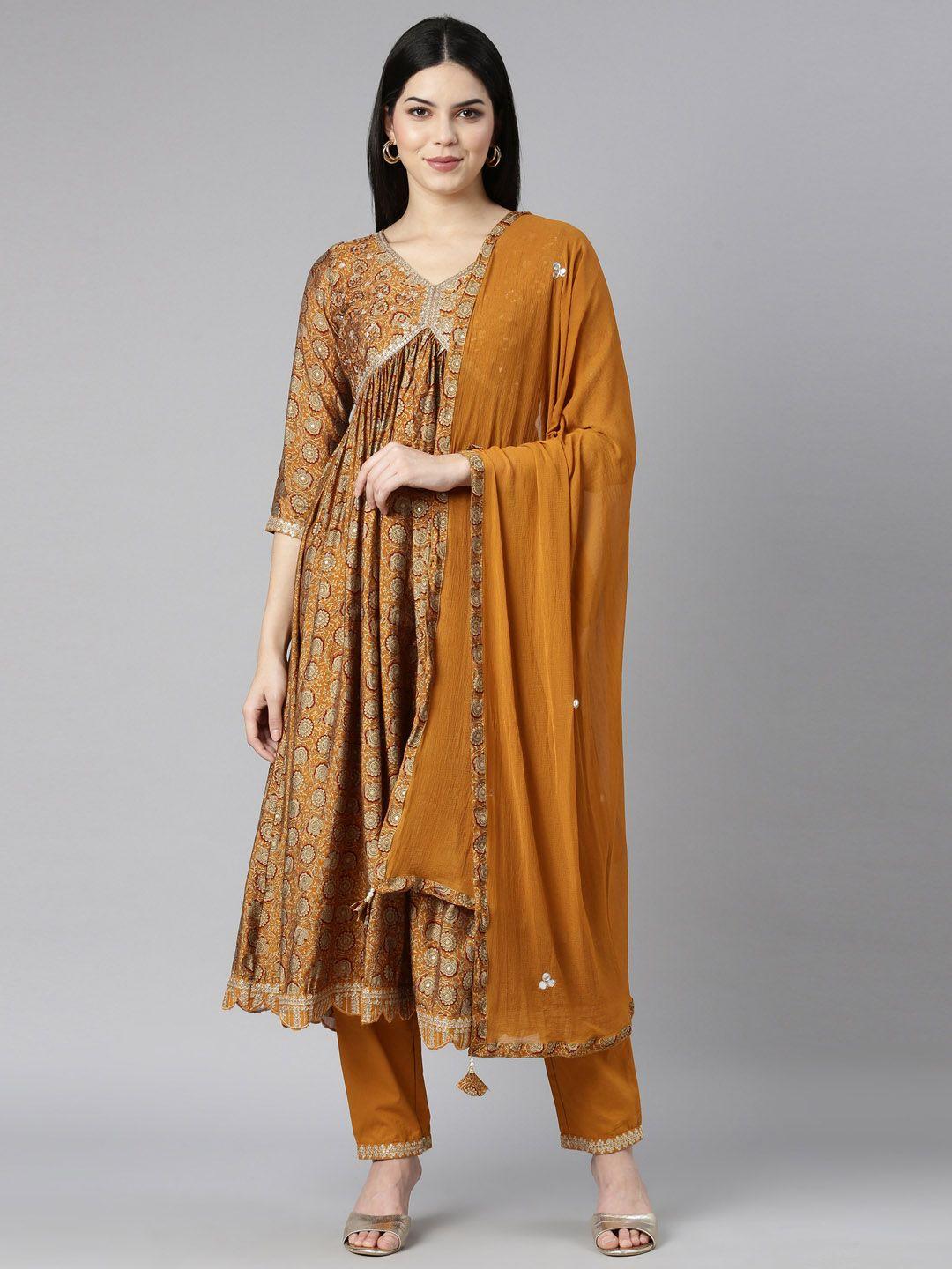 neerus women mustard yellow floral printed pleated mirror work pure cotton kurta with trousers & with dupatta