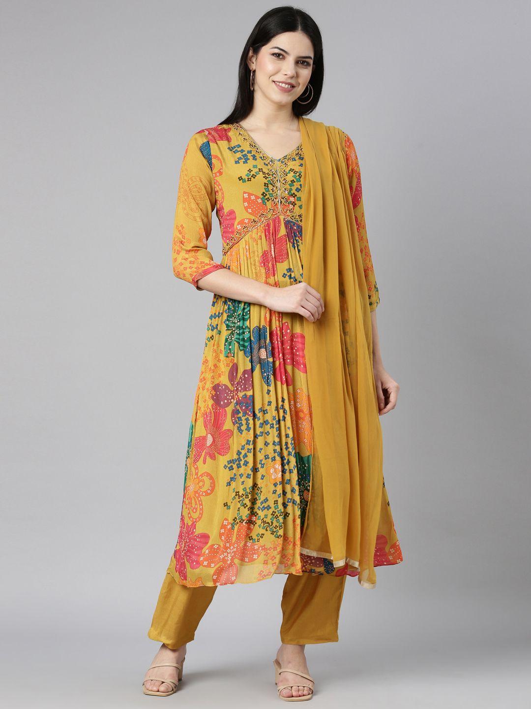 neerus women mustard yellow floral printed pleated sequinned silk chiffon kurta with trousers & with dupatta