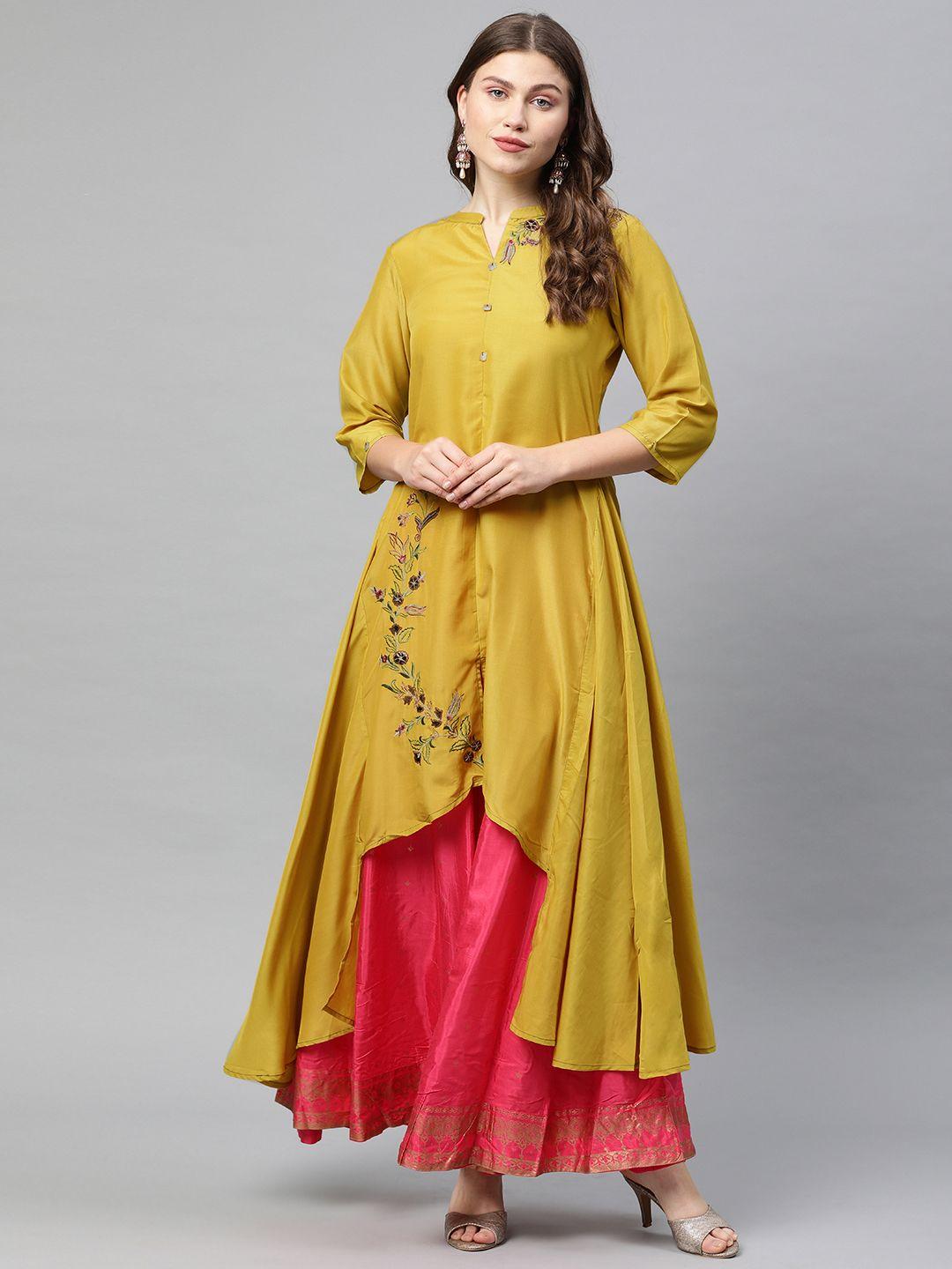 neerus women mustard yellow solid a-line kurta with embroidered detail