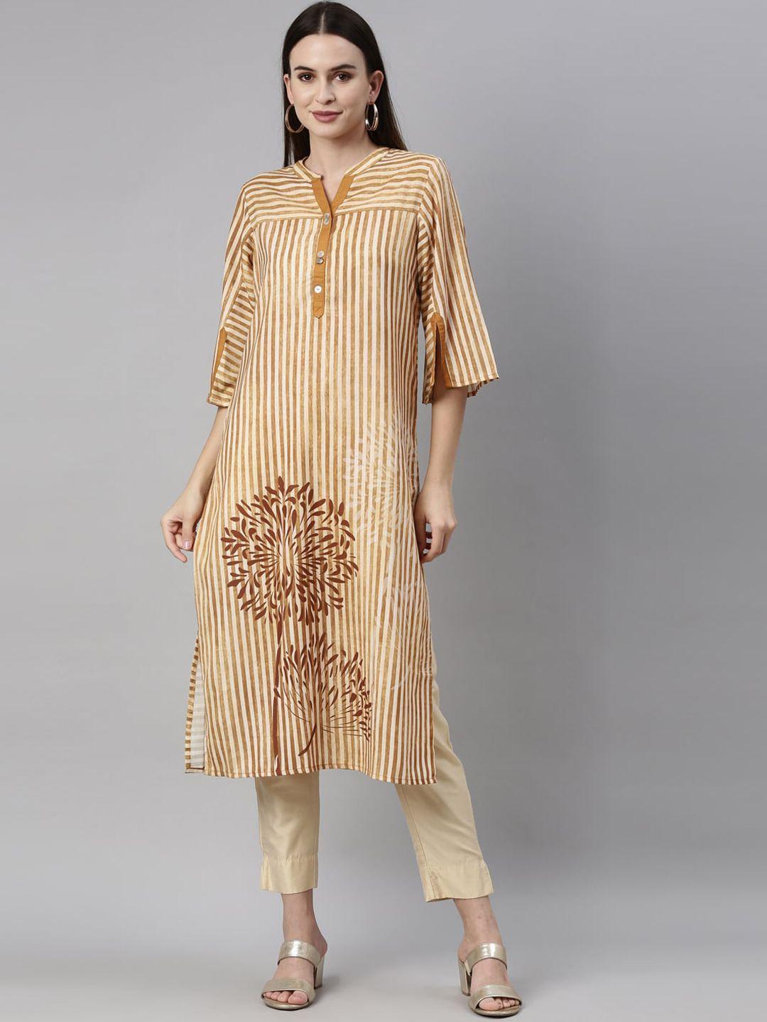 neerus women mustard yellow striped flared sleeves high-low aari work kurta