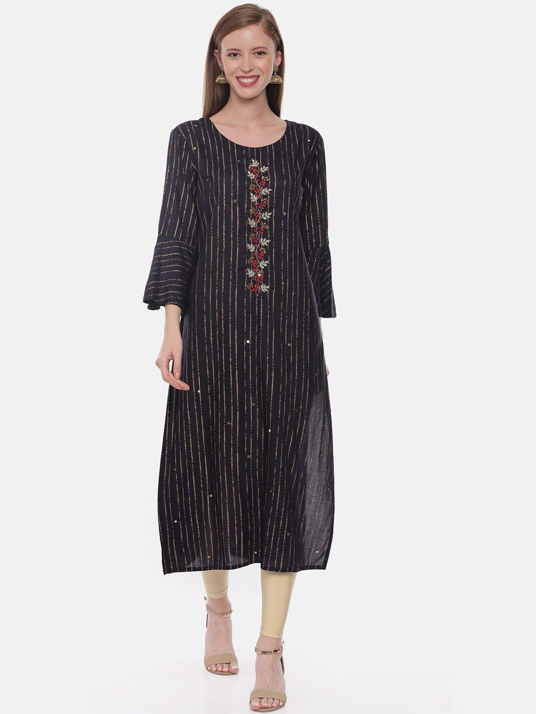 neerus women navy blue & beige embellished straight kurta