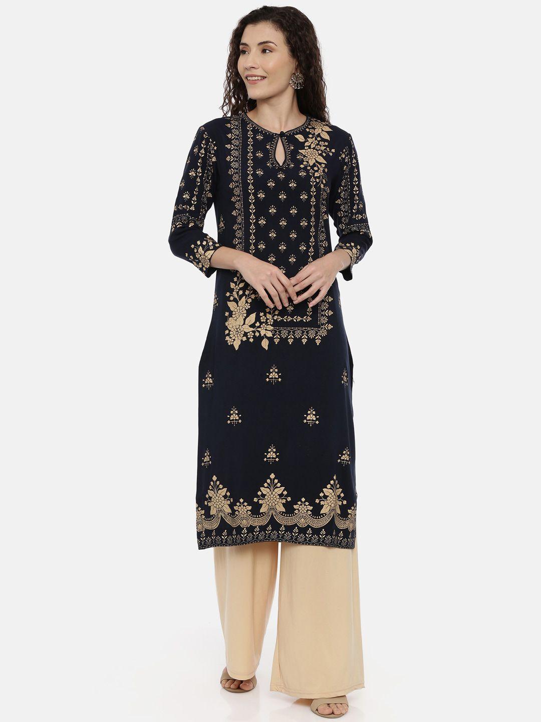 neerus women navy blue & gold floral printed keyhole neck kurta