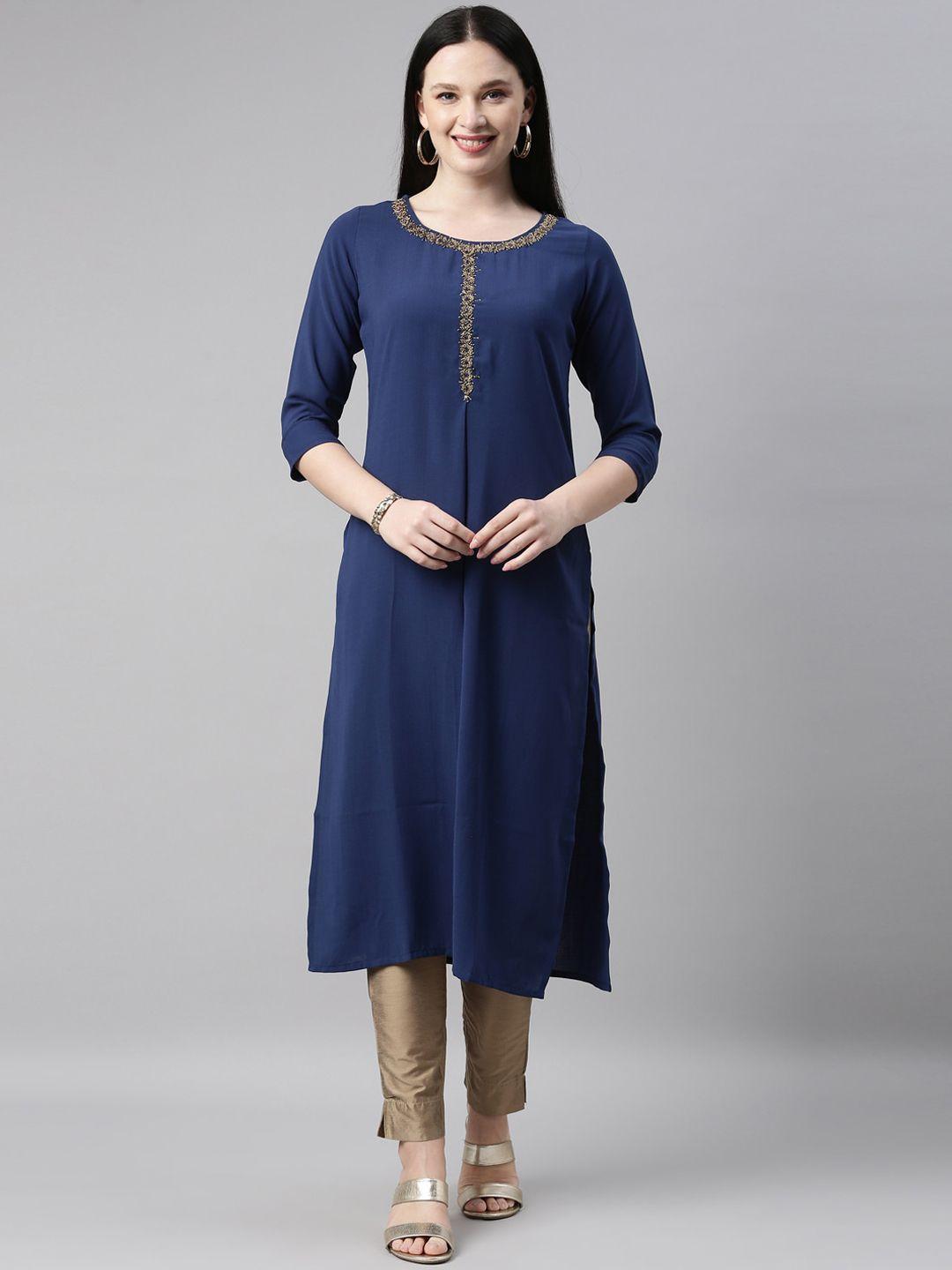 neerus women navy blue embellished a-line kurta