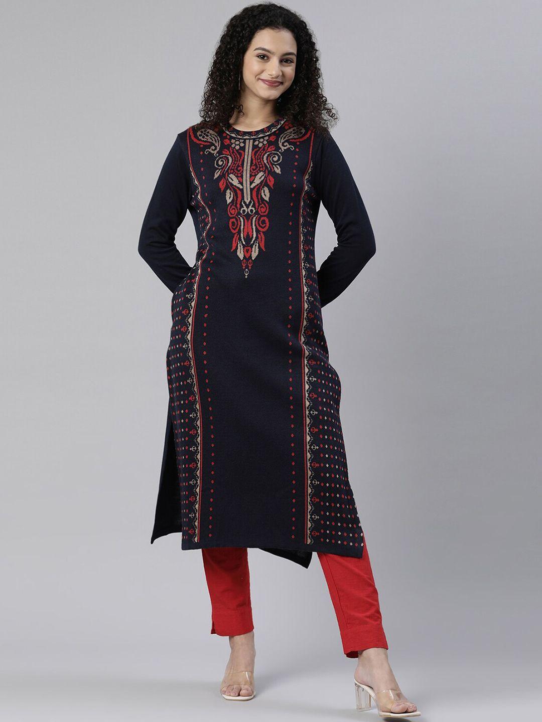 neerus women navy blue ethnic motifs acrylic kurta