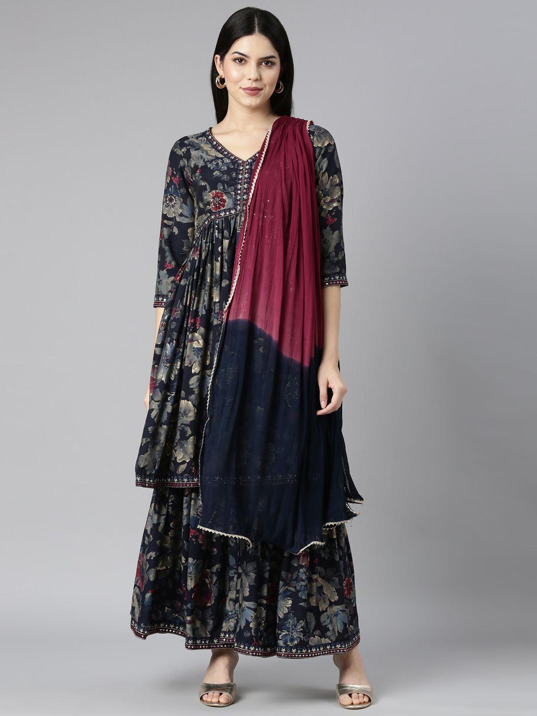 neerus women navy blue floral printed regular mirror work kurta with sharara & with dupatta