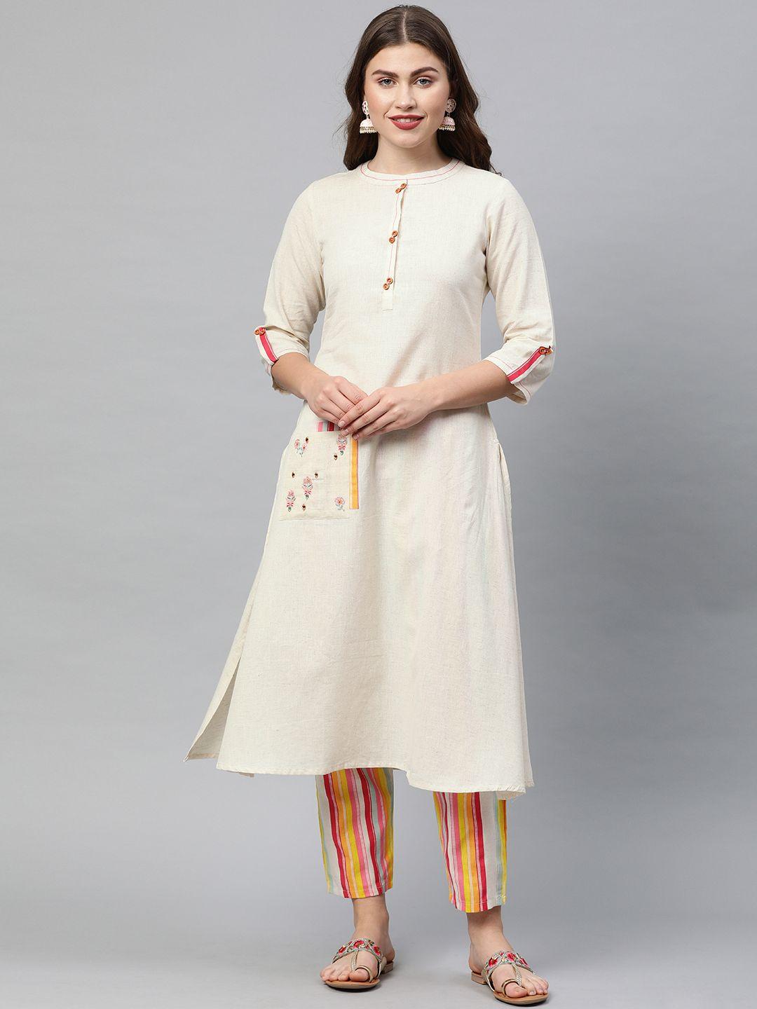 neerus women off-white solid straight kurta with detailed pocket