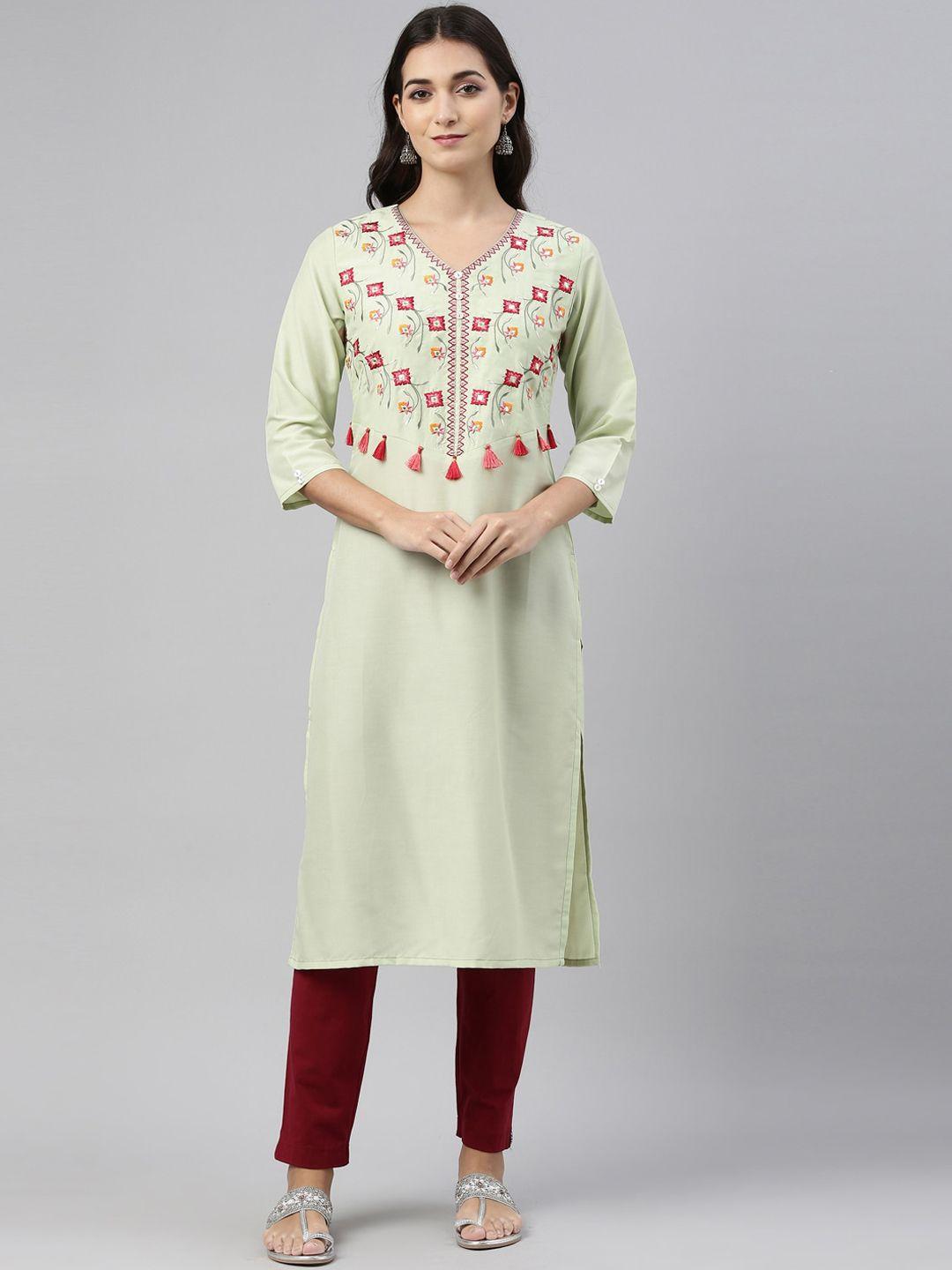 neerus women olive green & red floral embroidered kurta