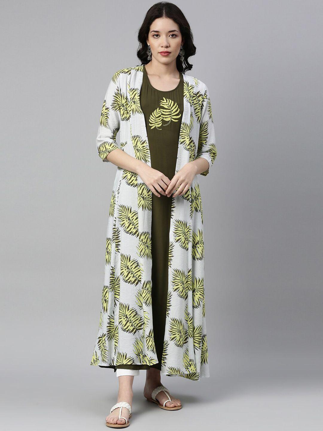 neerus women olive green & white floral printed floral layered kurta