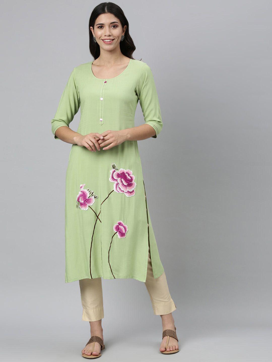 neerus women olive green ethnic motifs embroidered thread work floral kurta