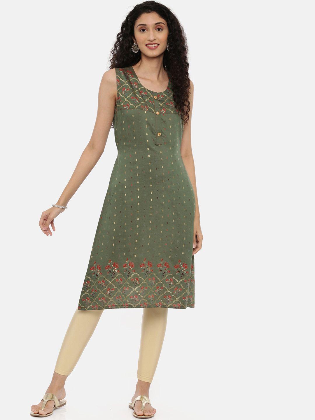 neerus women olive green printed straight kurta