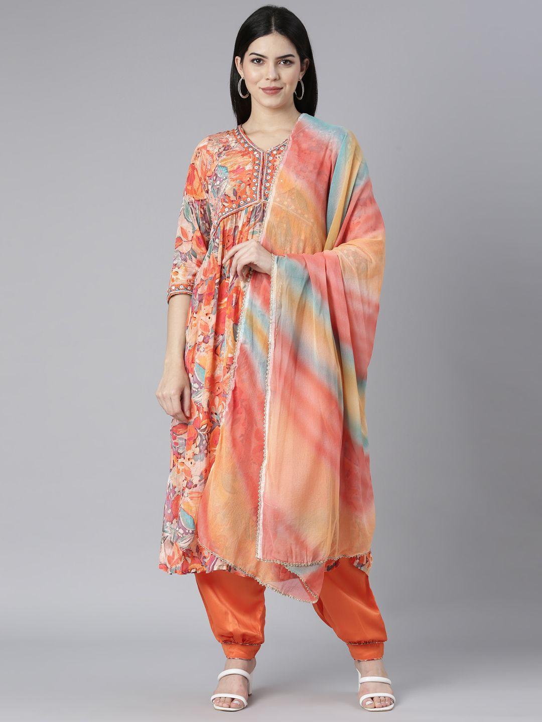 neerus women orange floral printed pleated thread work silk crepe kurta with salwar & with dupatta