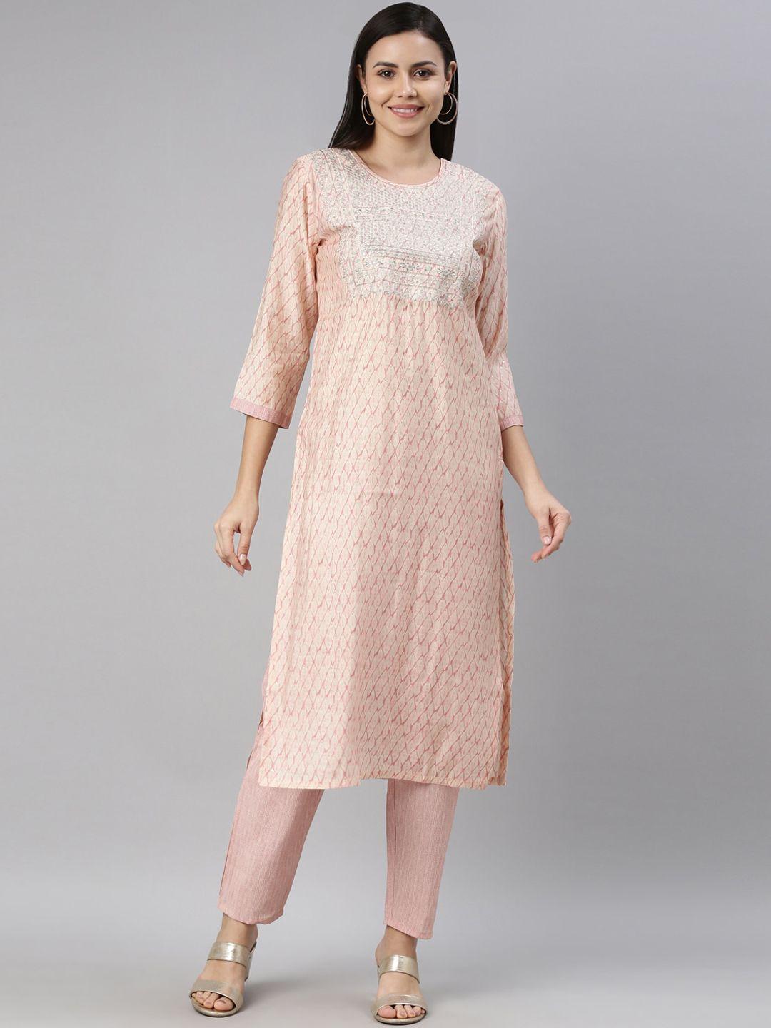 neerus women peach-coloured embroidered kurti with trousers