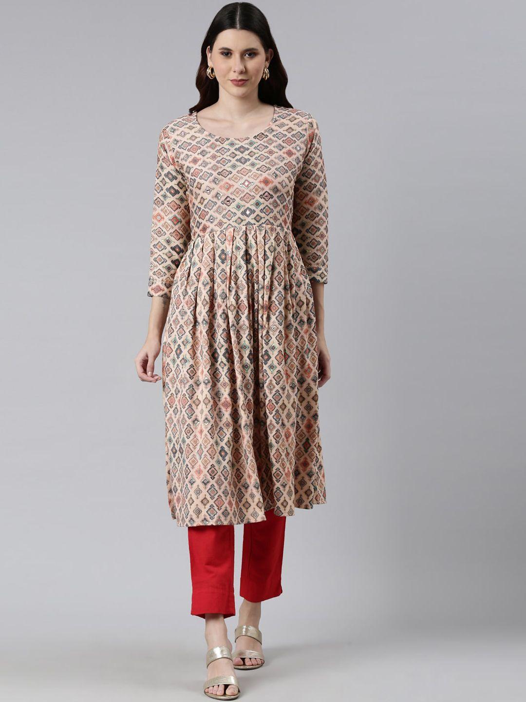 neerus women peach-coloured ethnic motifs printed kurta