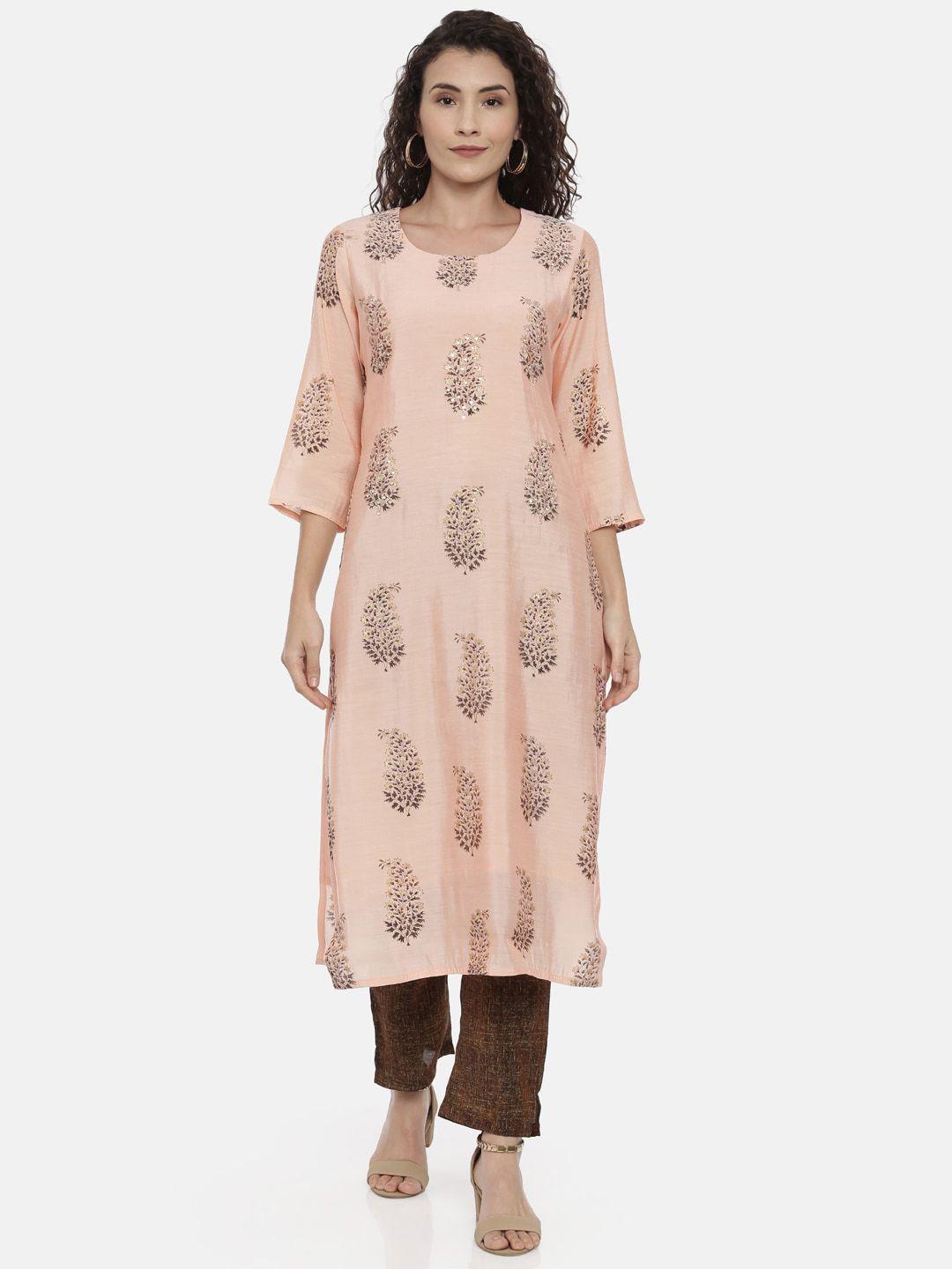 neerus women peach-coloured ethnic motifs printed kurta