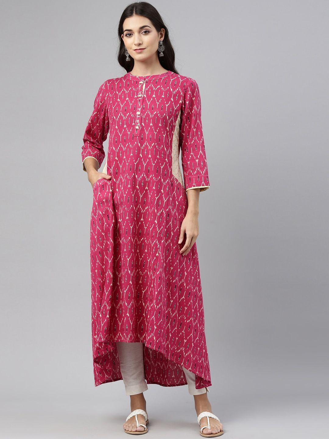 neerus women pink & cream-coloured printed kurta