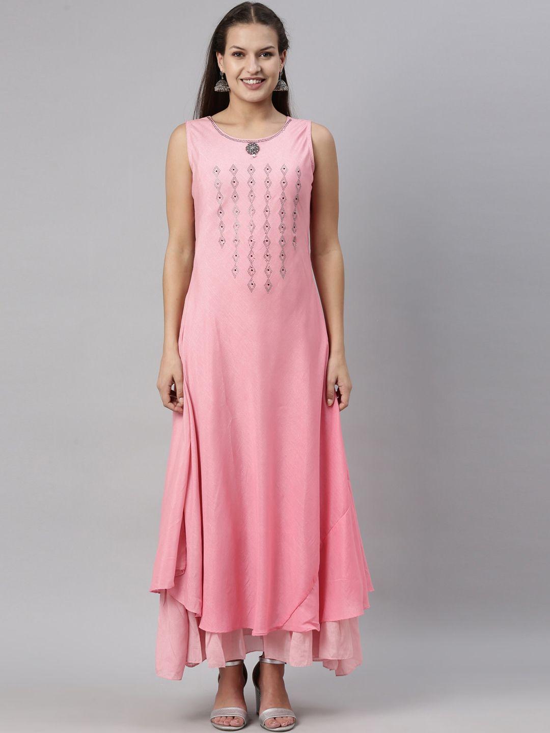 neerus women pink embellished neckline a-line kurta