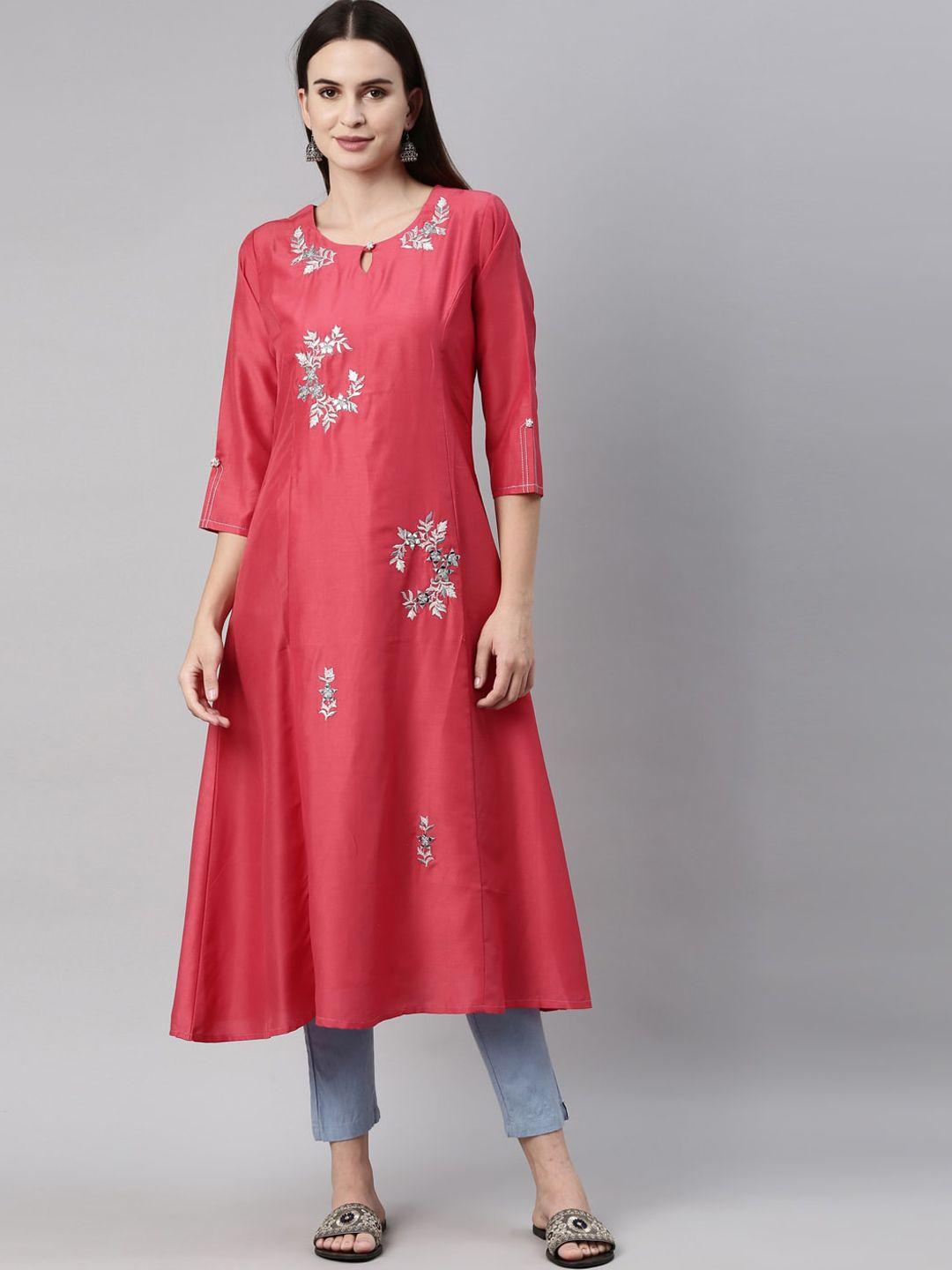 neerus women pink floral embroidered keyhole neck three quarter sleeve thread work kurta