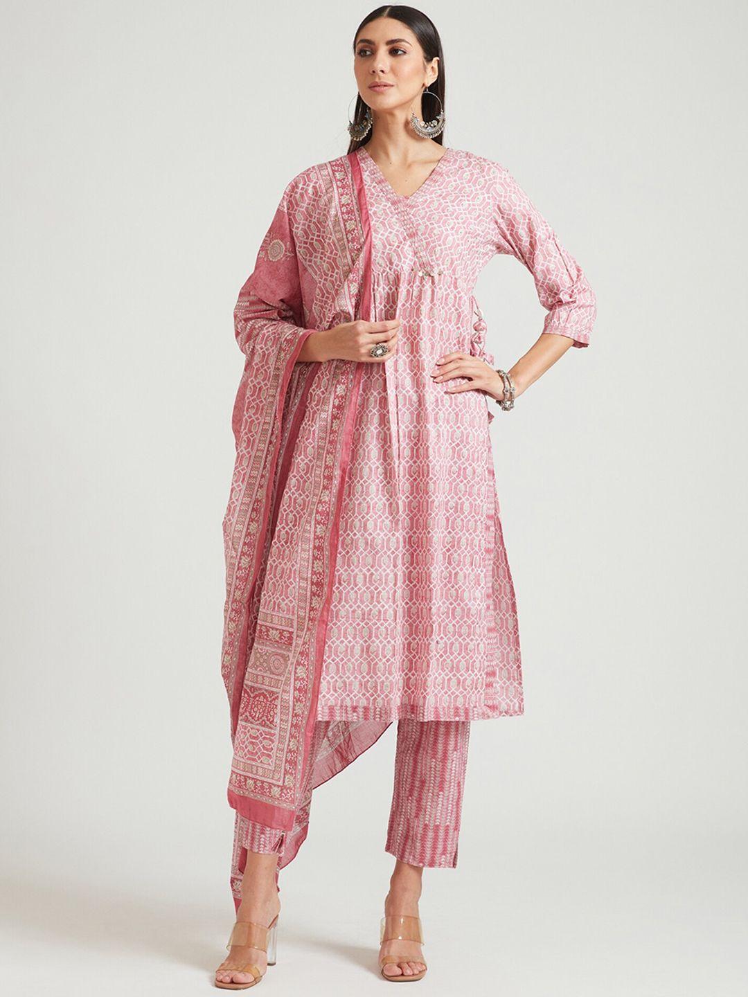 neerus women pink printed angrakha sequinned kurta with trousers & with dupatta