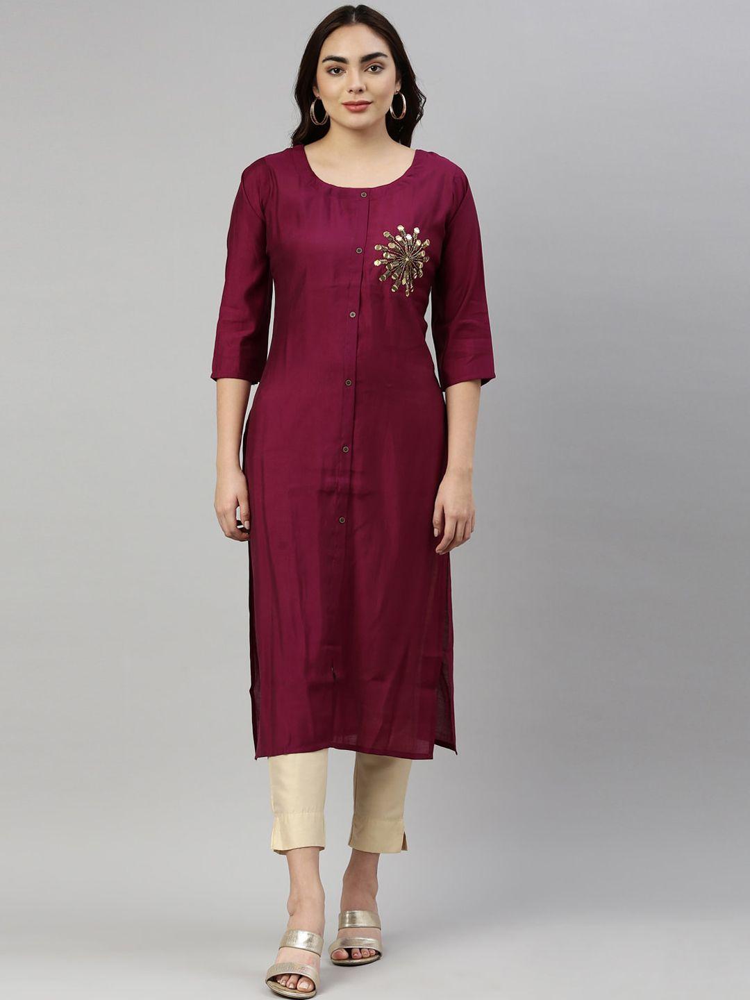 neerus women purple embellished straight kurta