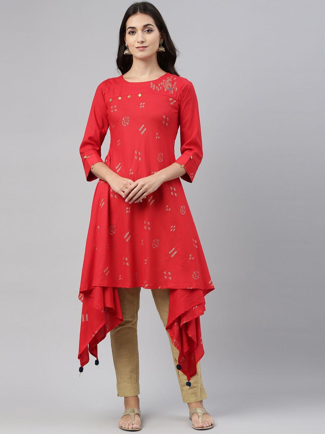 neerus women red & gold-toned ethnic motifs printed kurta