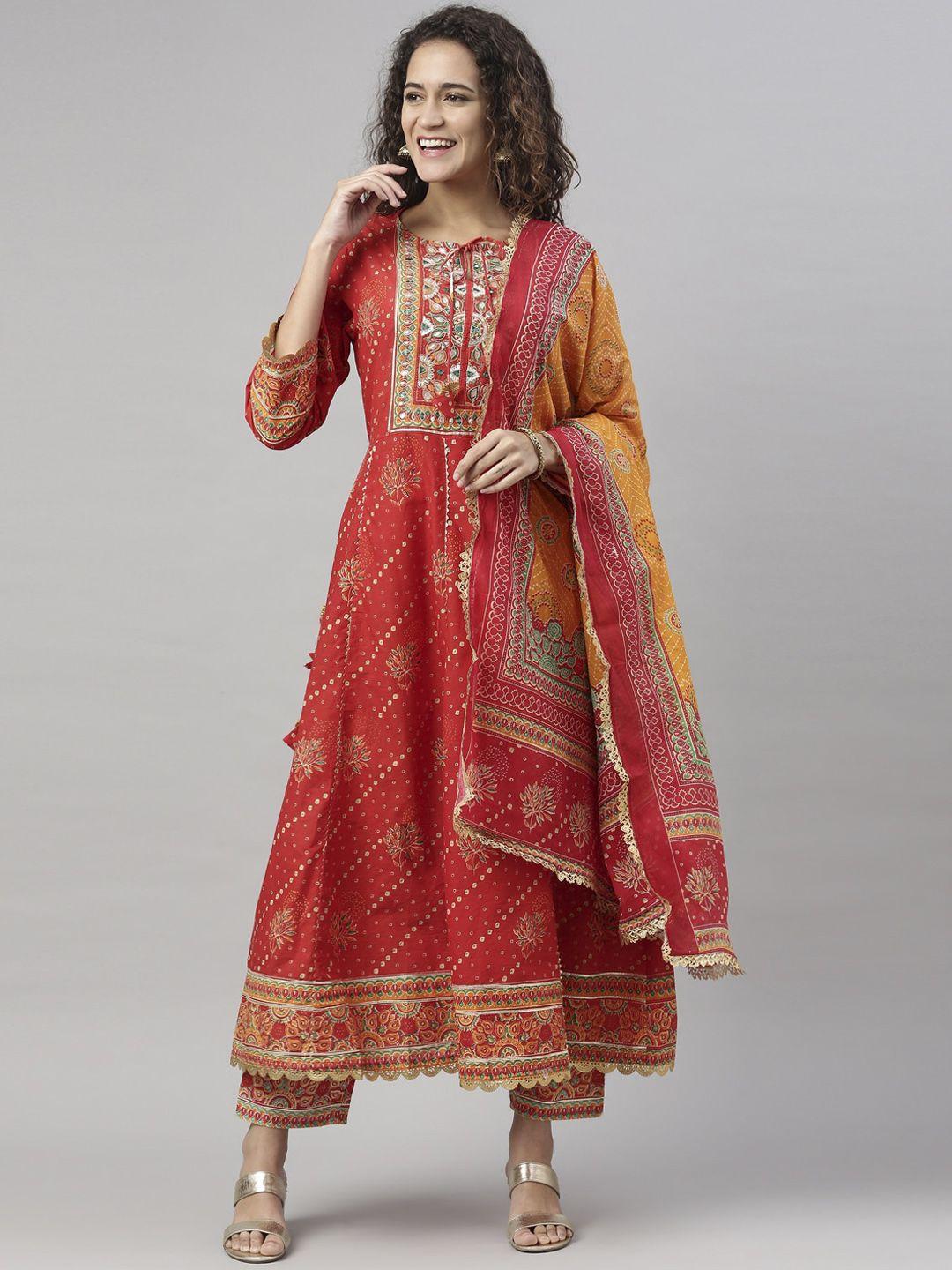 neerus women red ethnic motifs printed gotta patti kurta with trousers & dupatta