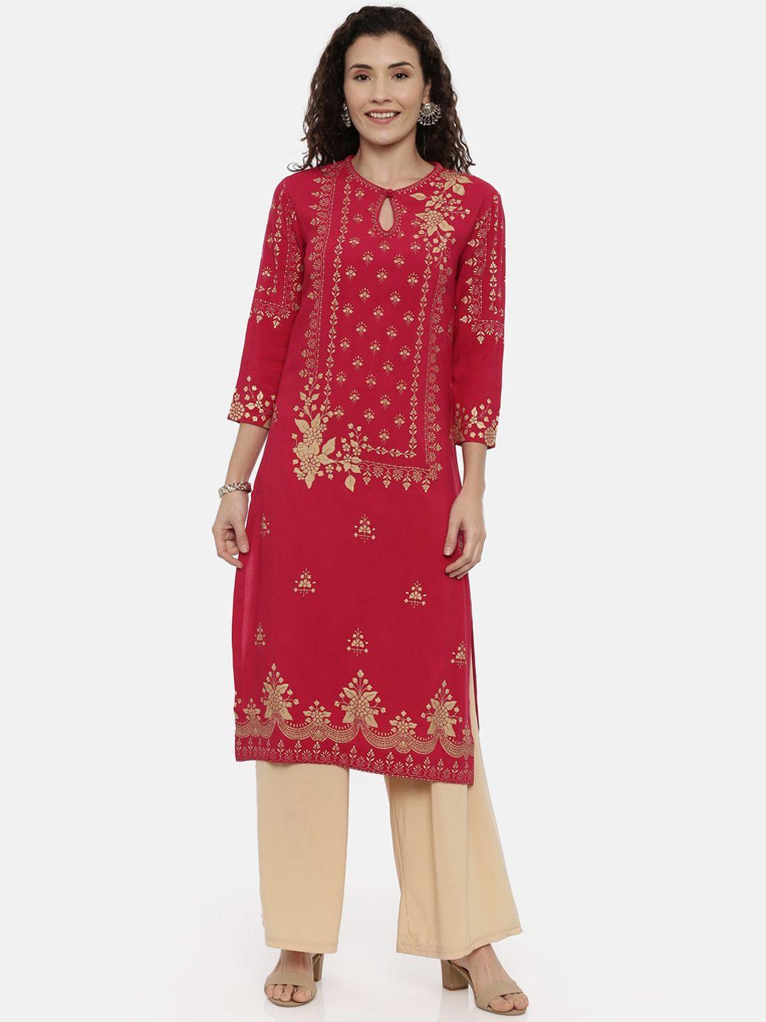 neerus women red ethnic motifs printed keyhole neck kurta