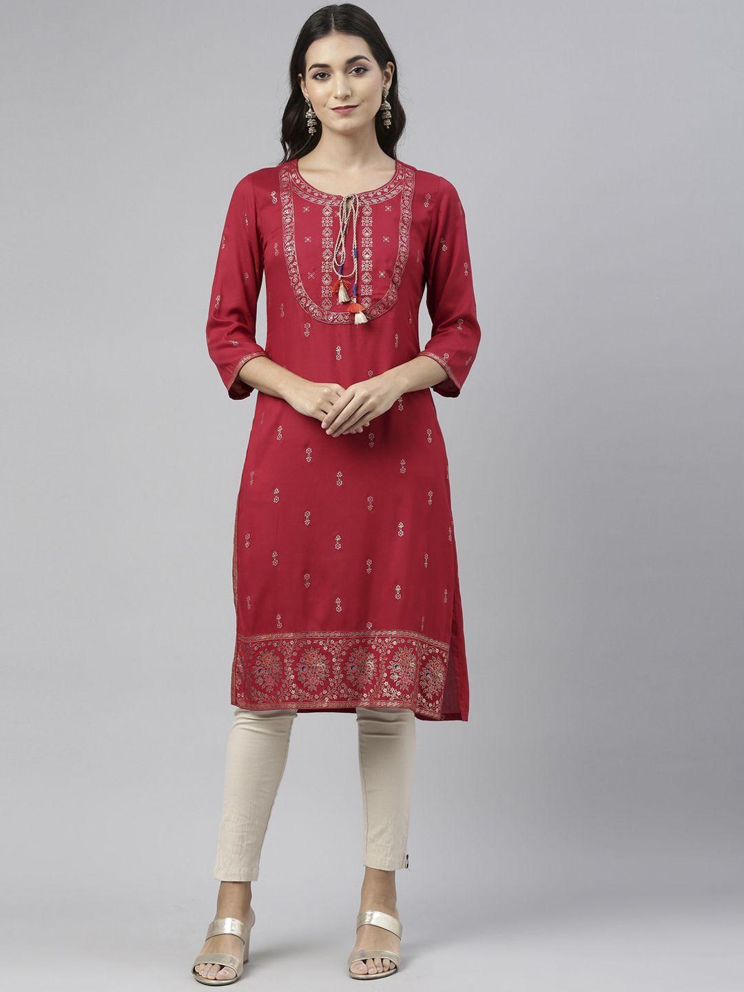 neerus women red ethnic motifs printed kurta