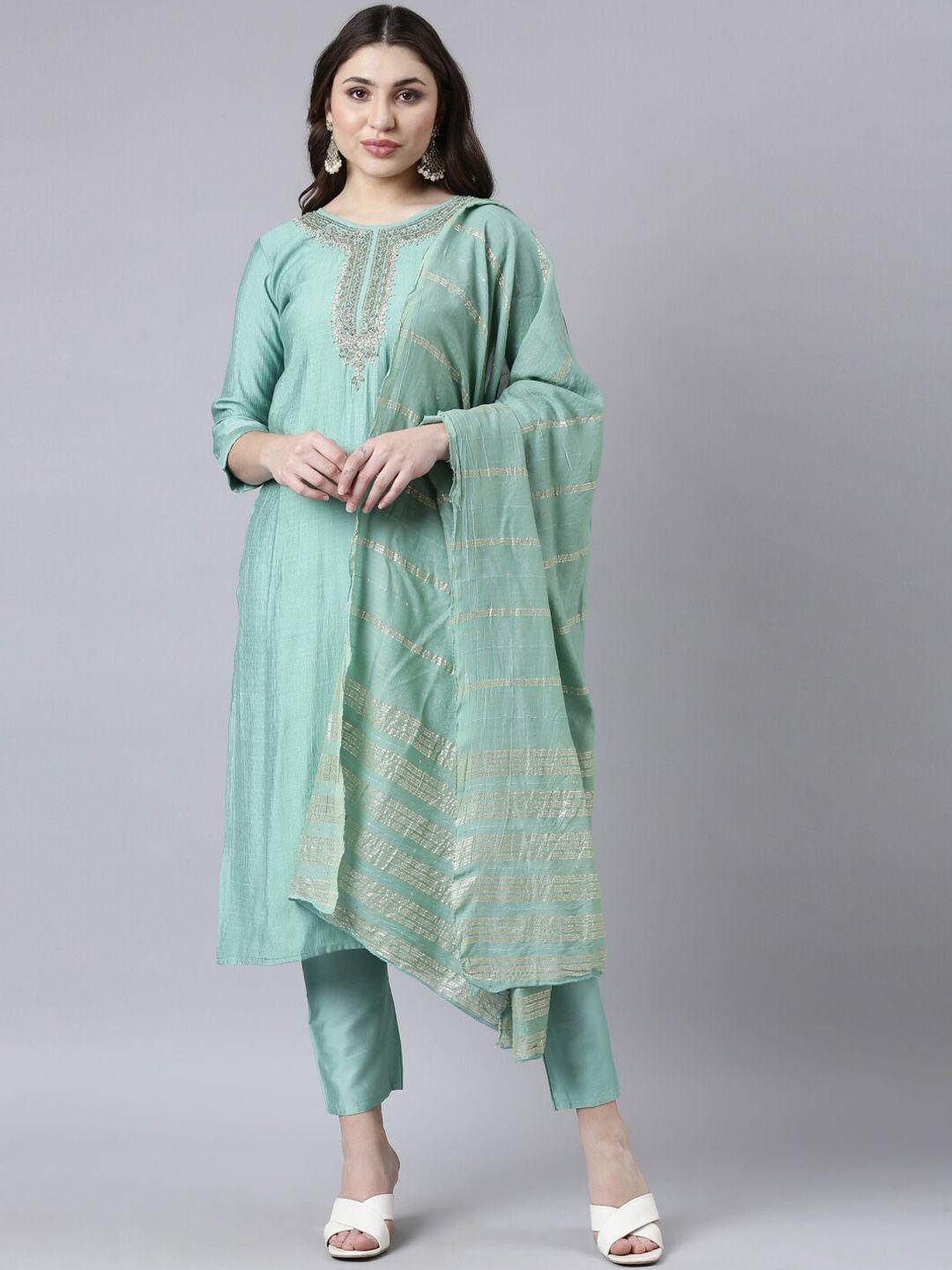 neerus women regular aari work kurta with trousers & with dupatta