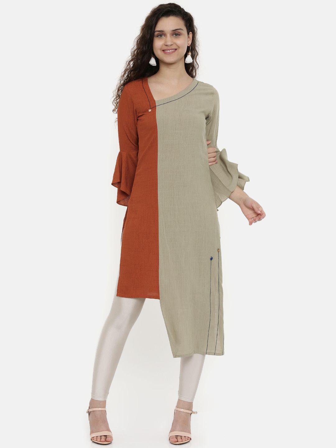 neerus women rust brown & grey solid straight panelled kurta