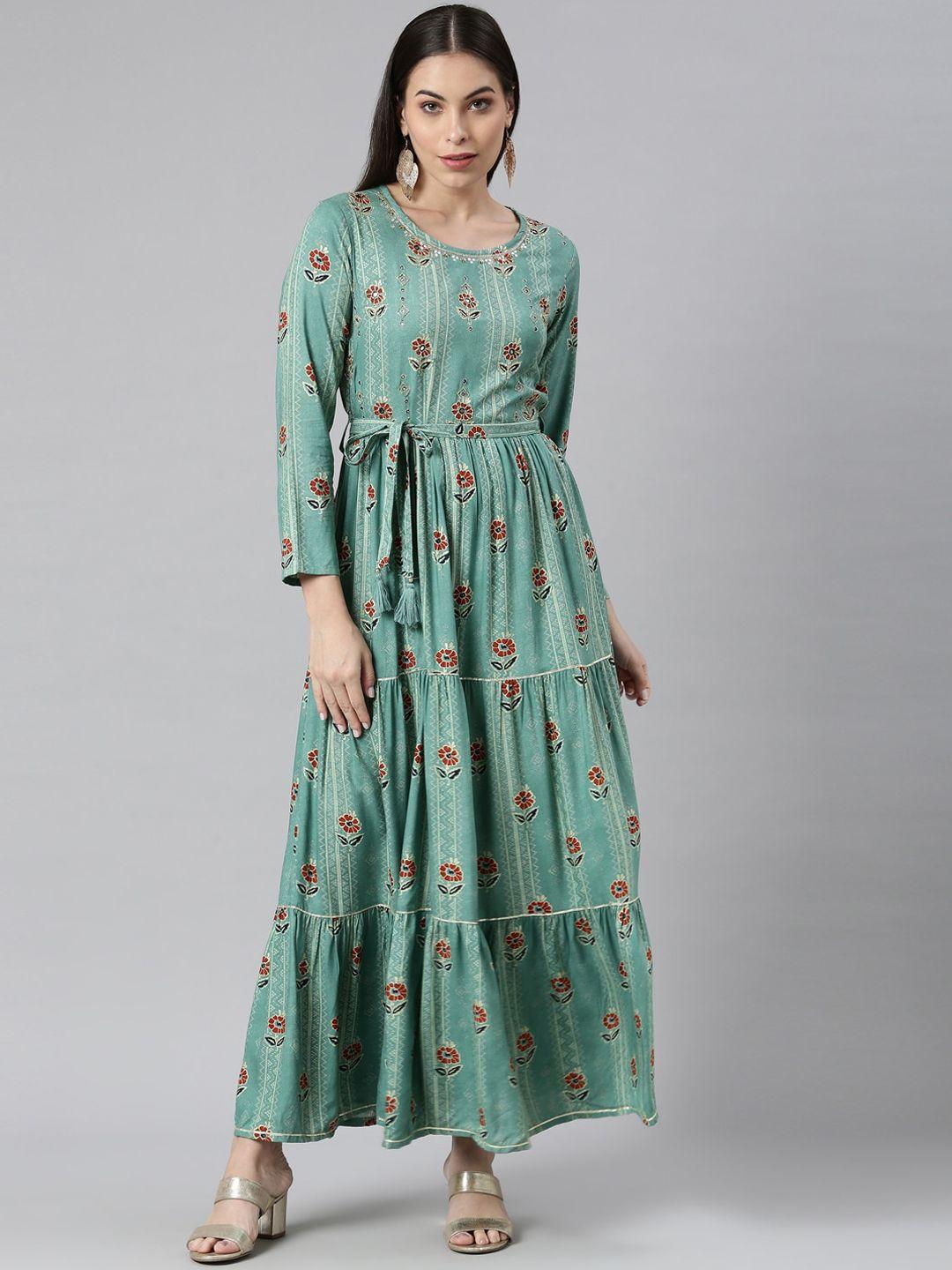 neerus women sea green & red floral printed anarkali kurta