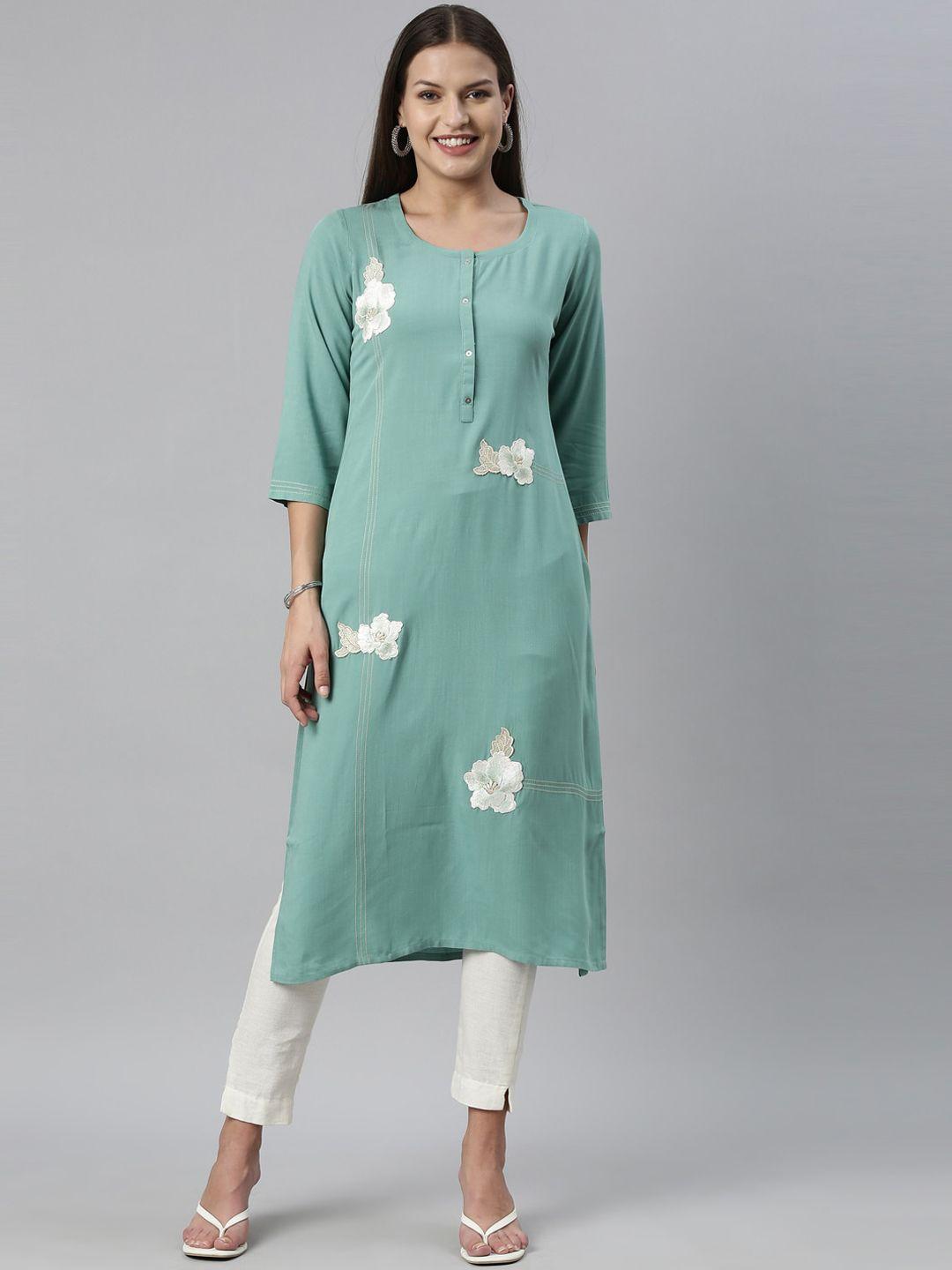 neerus women sea green & white floral patchwork kurta