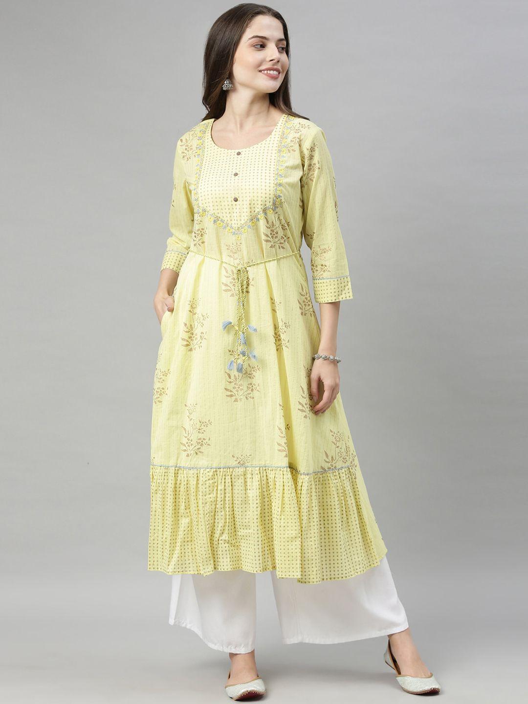 neerus women yellow & golden chikankari embroidered floral a-line cotton kurta with belt