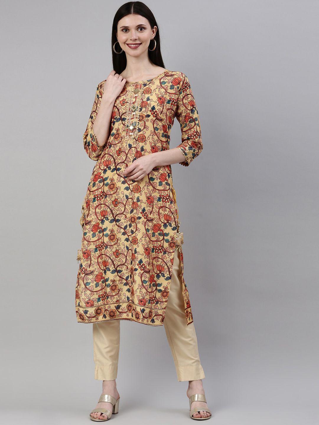 neerus women yellow & red floral printed kurta