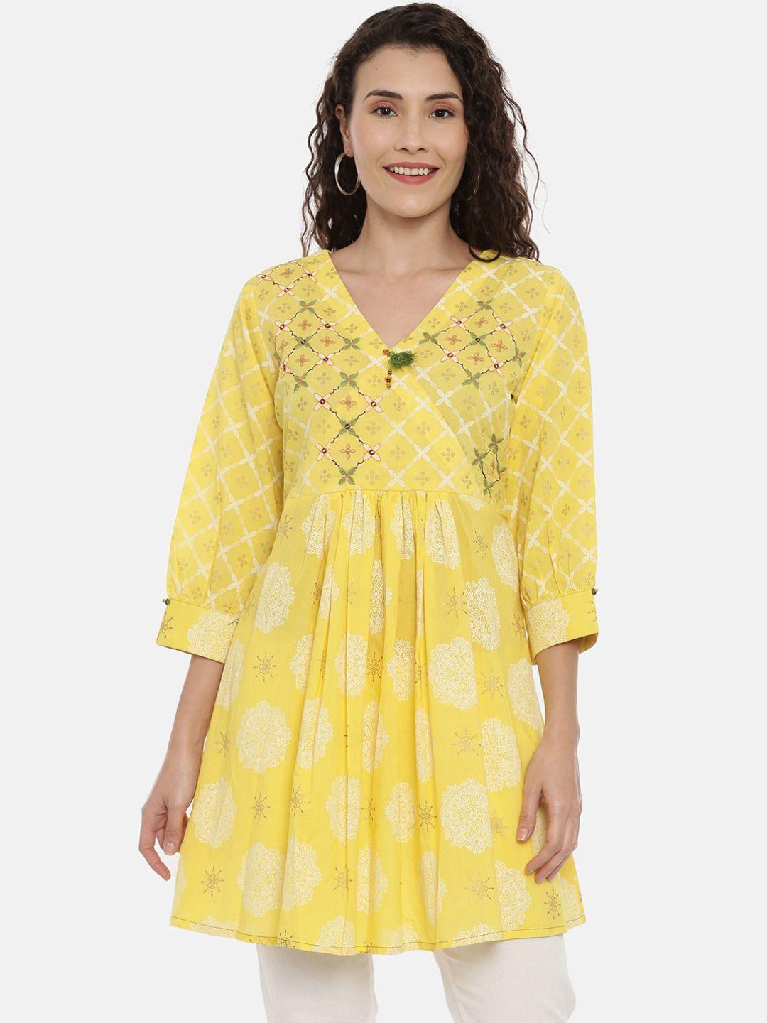 neerus women yellow & white printed a-line kurta