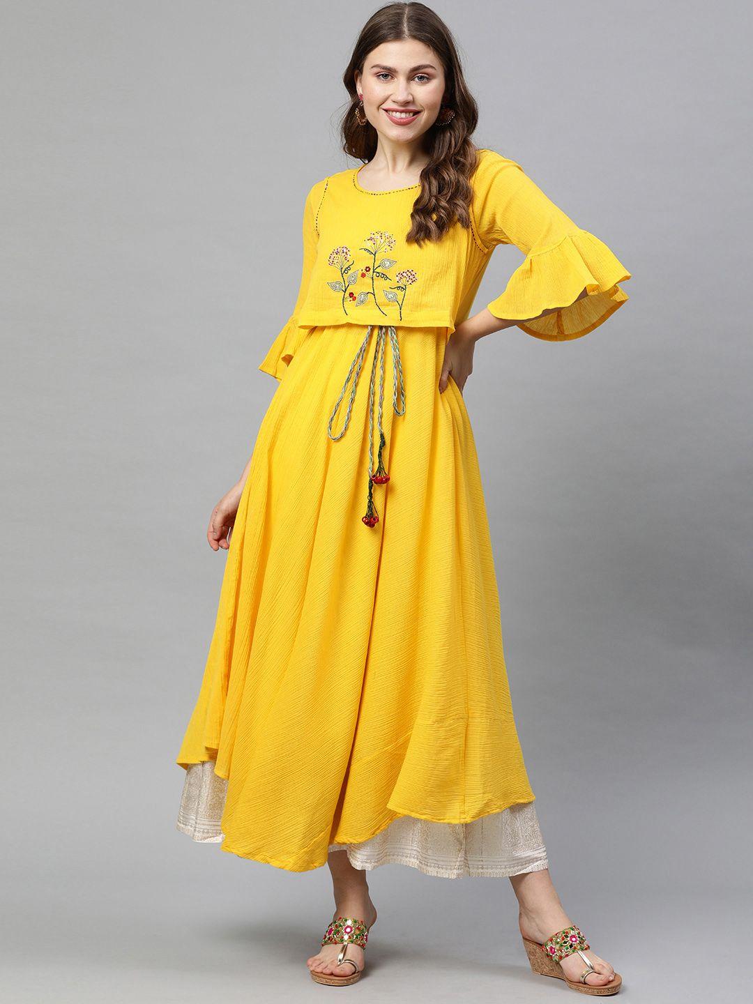 neerus women yellow embroidered a-line asymmetric layered kurta with tie-up detail
