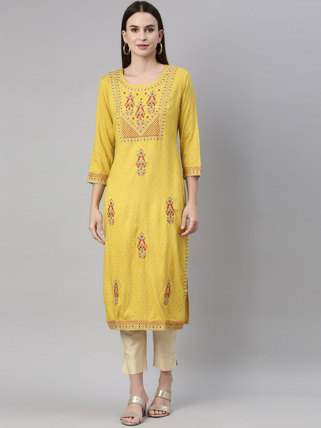 neerus women yellow floral embroidered round neck three quarter regular sleeves kurta