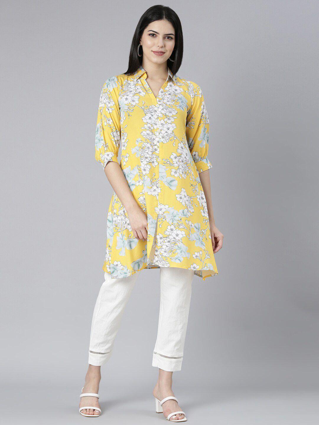 neerus women yellow floral printed regular kurti with trousers