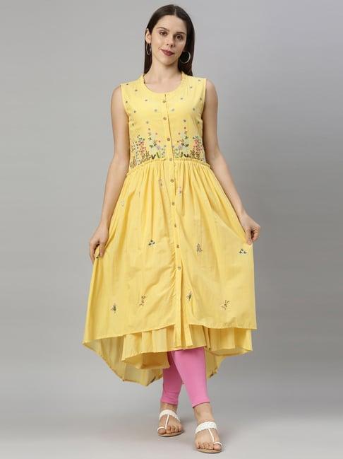 neerus yellow cotton embroidered flared kurta