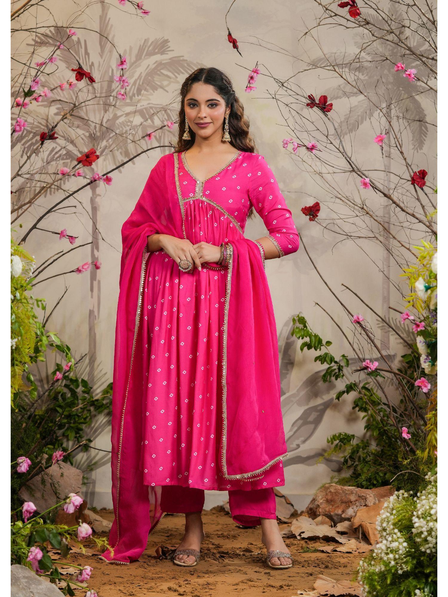 neet pink bandhej alia cut anarkali kurta with pants & dupatta (set of 3)