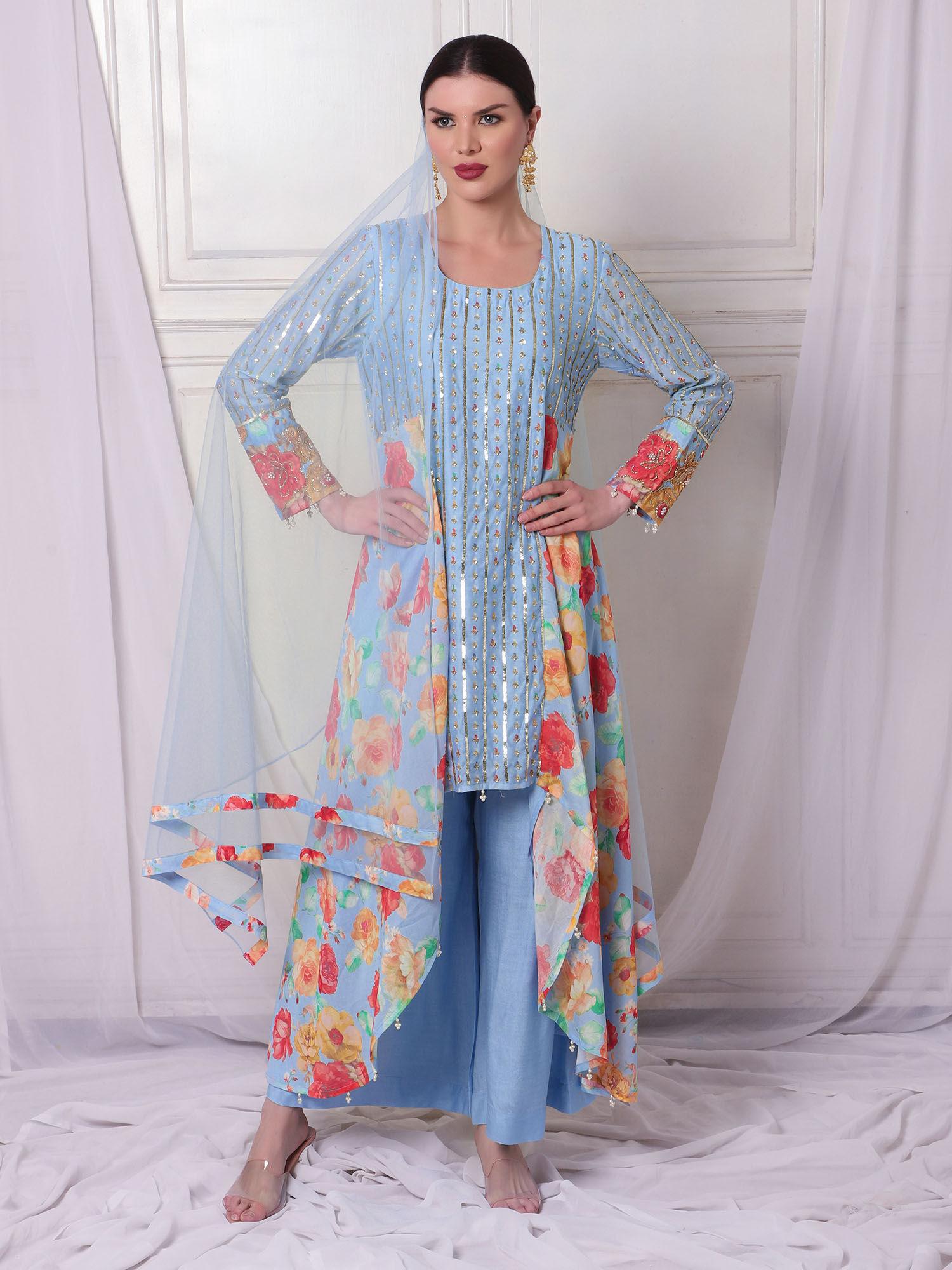 neeta blue floral tunic with palazzo & dupatta (set of 3)