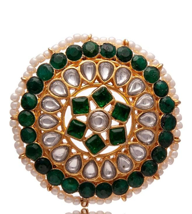 neeta boochra 925 sterling silver 22k gold plated green onyx pearl gemstone ring with white & green kundan