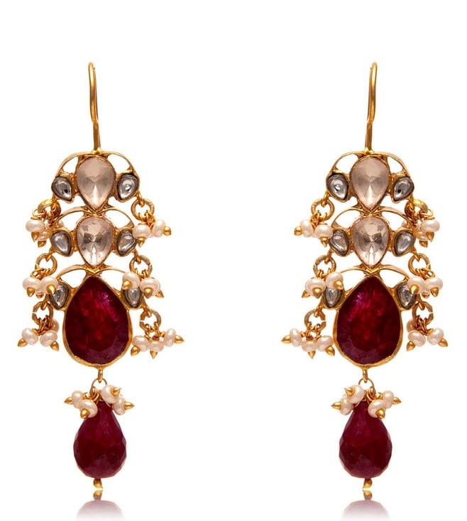 neeta boochra 925 sterling silver 22k gold plated ruby gemstone dangling earrings with kundan & pearl