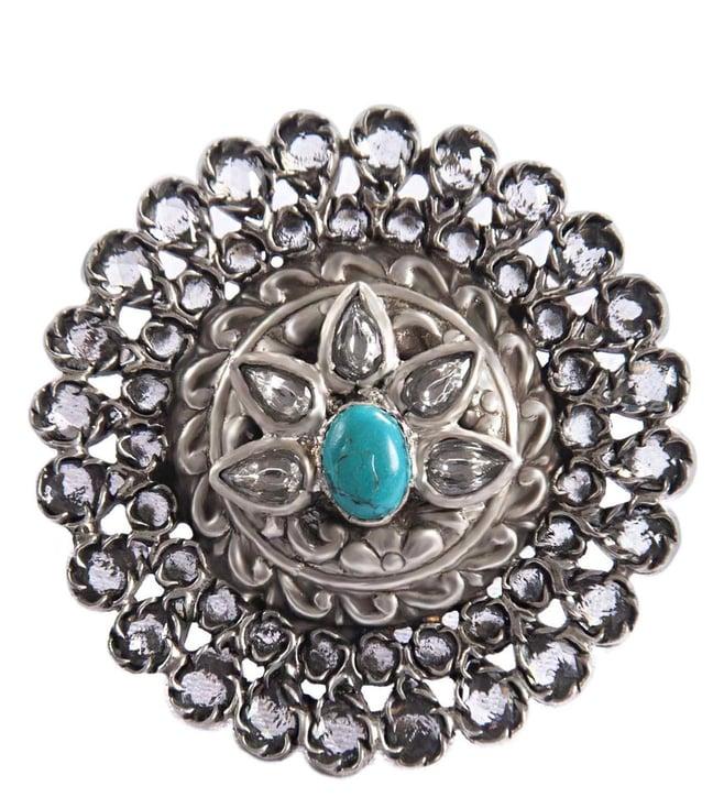 neeta boochra 925 sterling silver turquoise gemstone ring with checker crystal & kundan