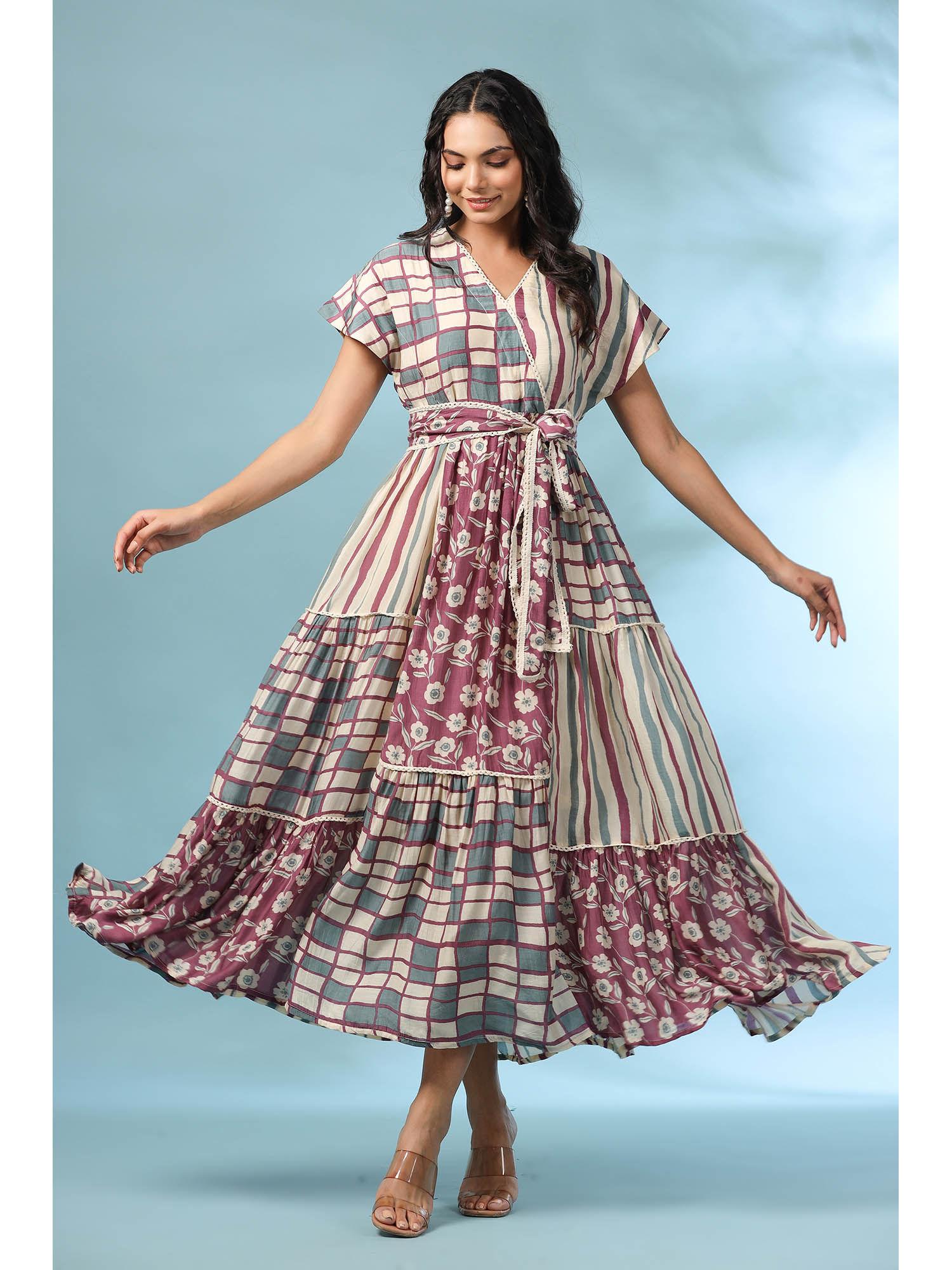 neeti mulberry printed muslin dress with belt (set of 2)