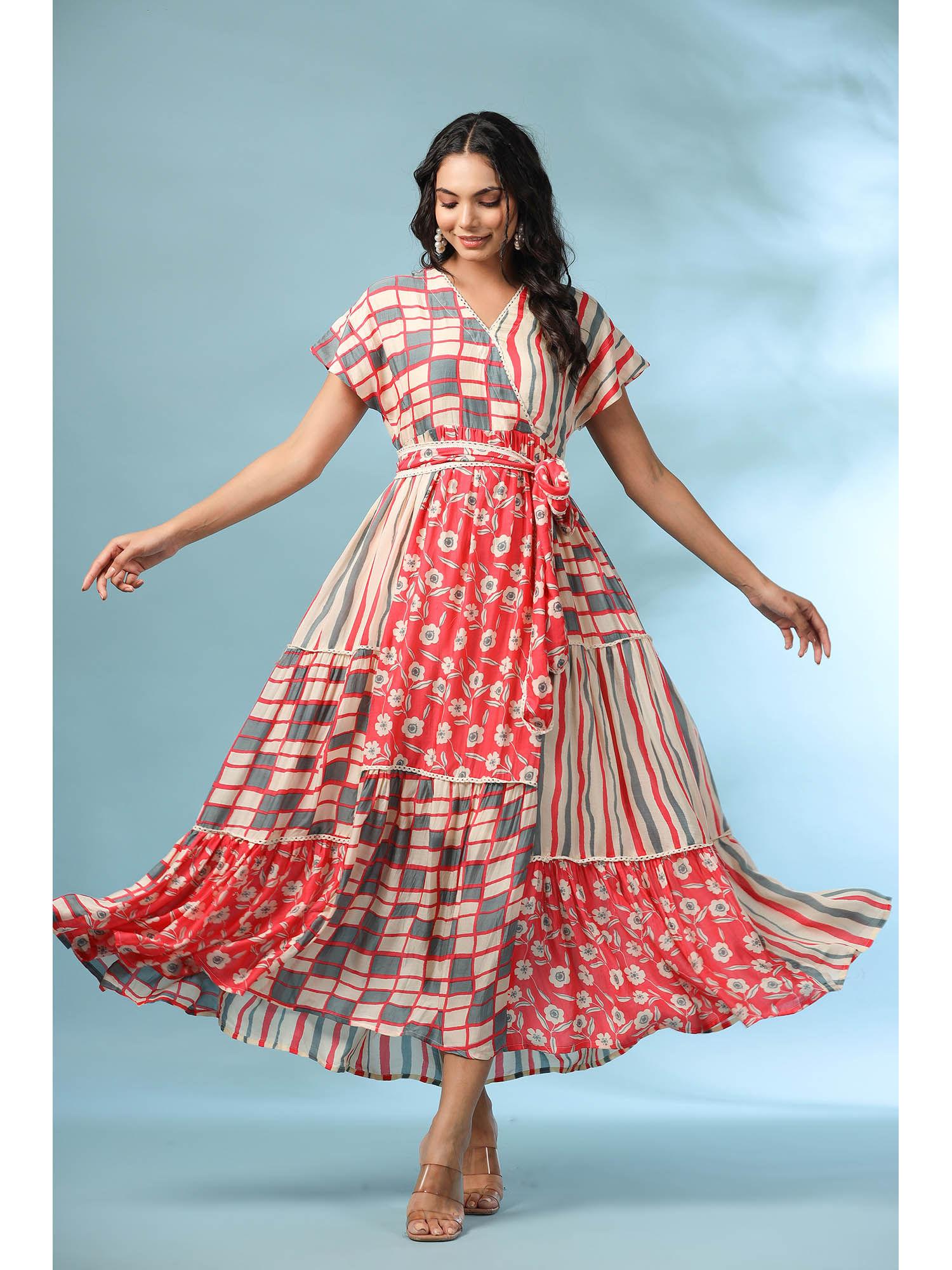 neeti scarlet abstract printed muslin dress with belt (set of 2)