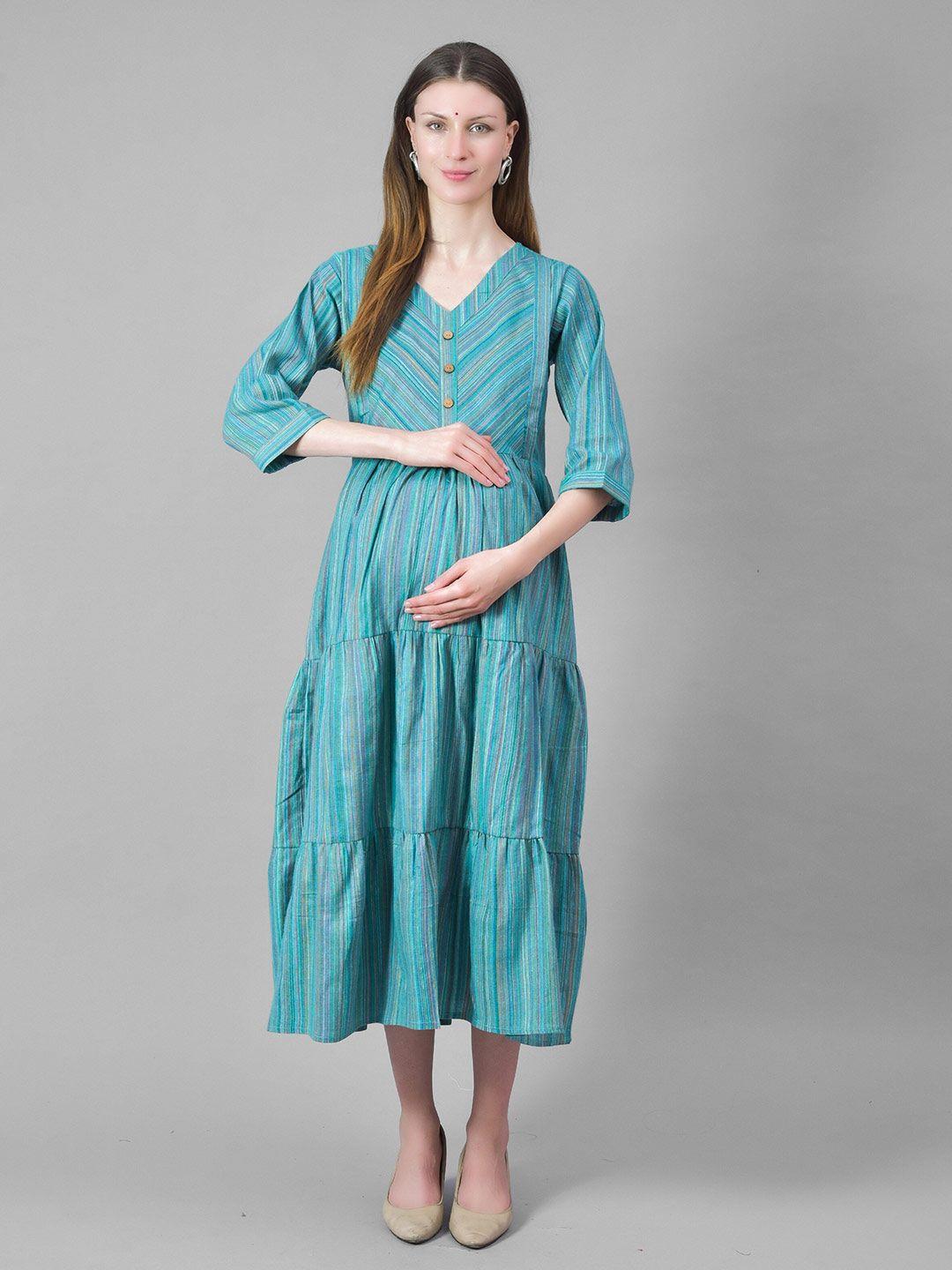 negen maternity striped printed gathered & pleated tiered cotton fit & flare midi dress